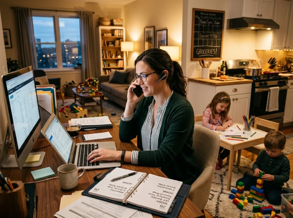 busy woman balancing multiple daily responsibilities