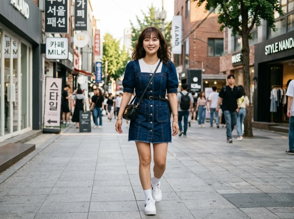 stylish korean fashion girl wearing denim dress