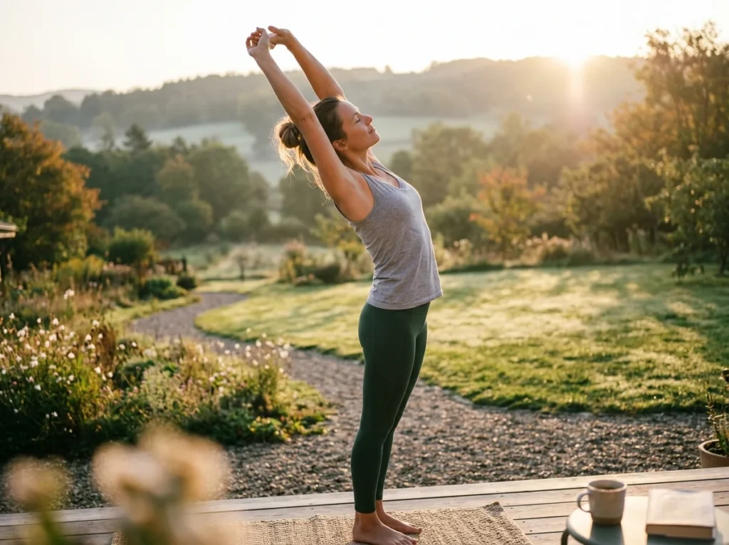 woman stretching in morning sunlight