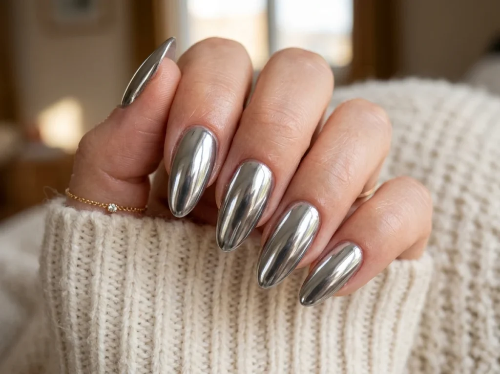 futuristic chrome metallic nail design