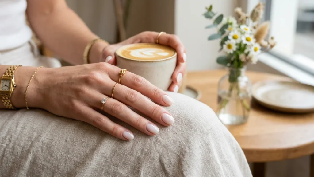 milky white nails in clean girl beauty trend