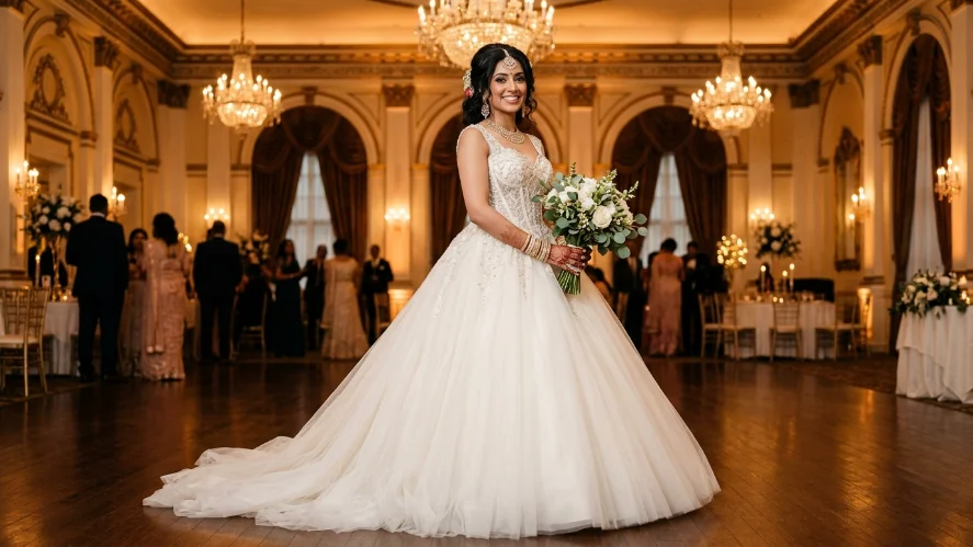 South Asian bride in a classic ivory ball gown with fitted corset and full tulle skirt for an elegant wedding look