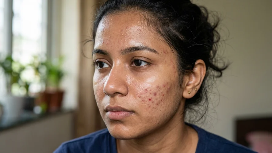 Close-up of acne-prone oily skin on a South Asian woman in natural light