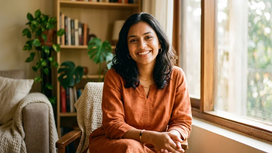 Confident South Asian woman with clear glowing skin smiling in natural light