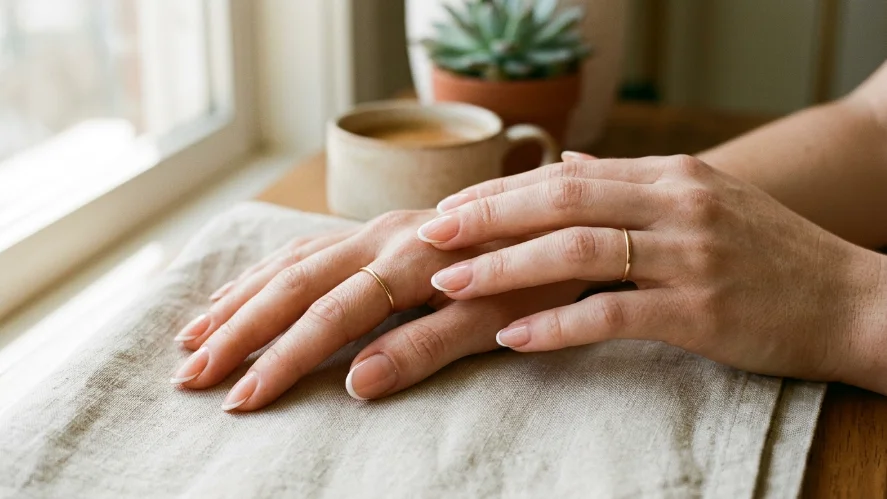 Modern thin French tip manicure on sheer nude base perfect for a wedding