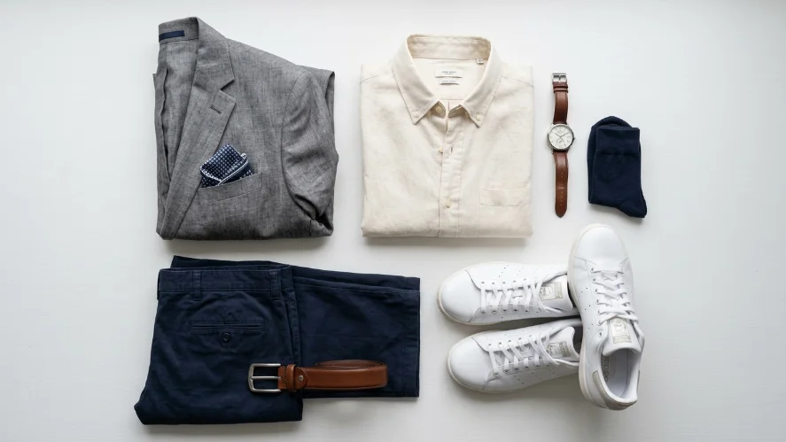 Flat lay of western wardrobe essentials including trousers, linen shirt, blazer, and sneakers on white background