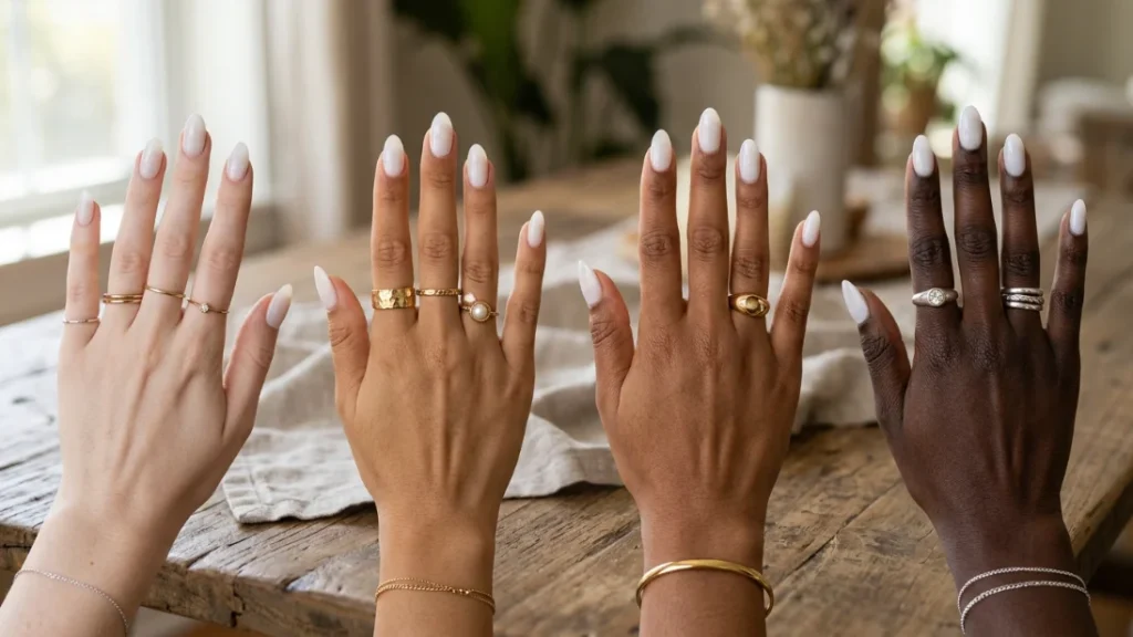 milky white manicure on various skin tones
