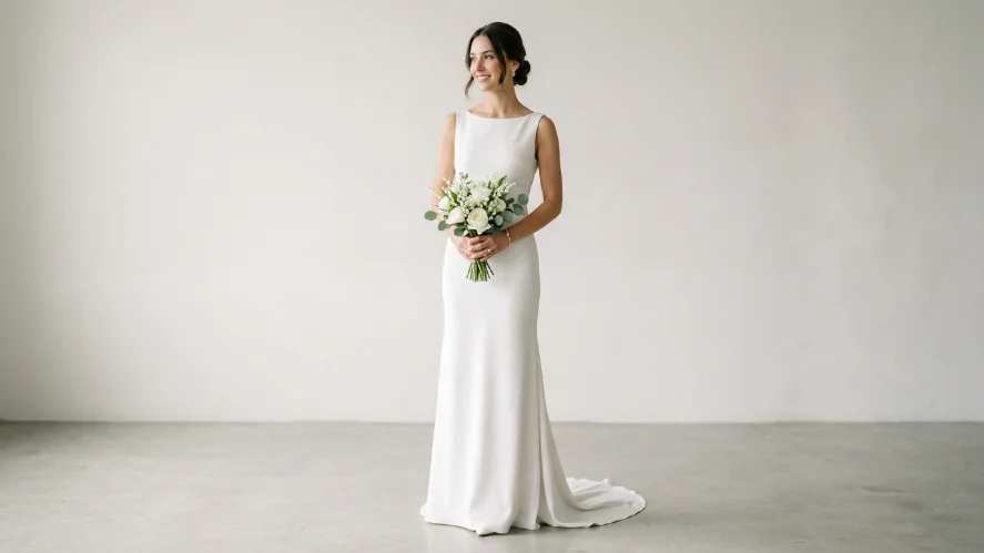Modern bride in a sleek white silk column wedding gown with minimalist style and a subtle train