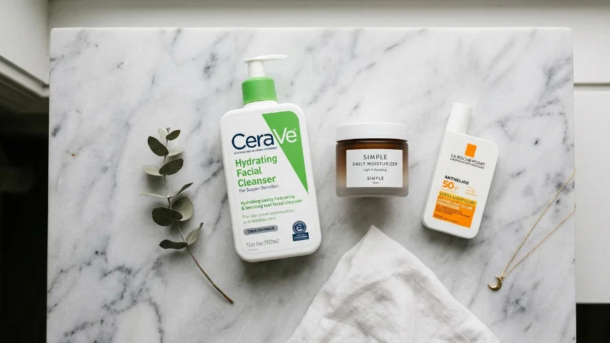 Minimalist acne skincare routine with CeraVe cleanser and SPF on marble surface