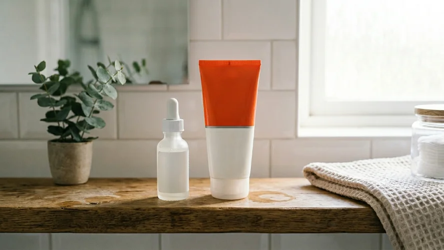 The Ordinary niacinamide serum and Neutrogena salicylic acid cleanser on a bathroom shelf