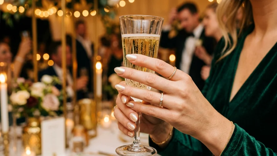 Sheer glazed chrome nails at a wedding reception perfect for a bridesmaid look