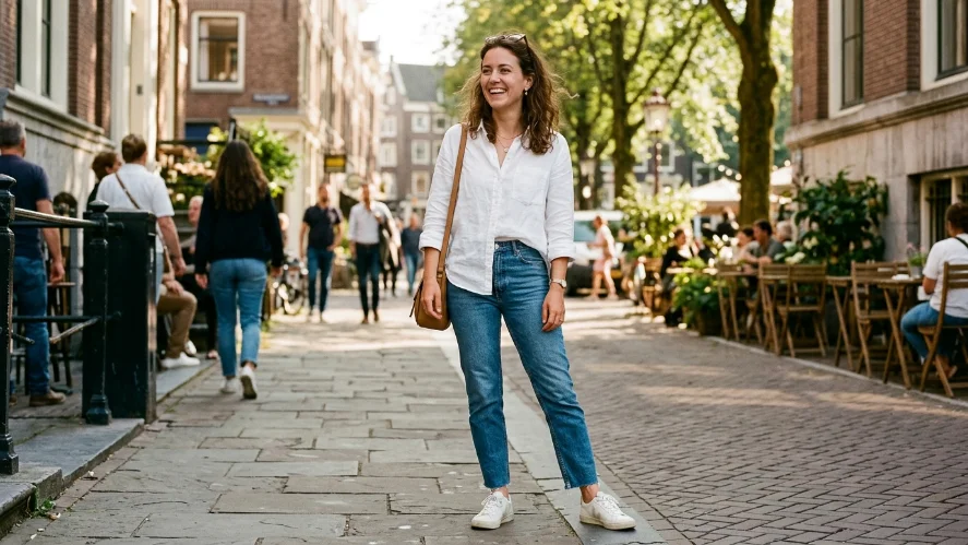 Woman wearing straight-leg jeans and tucked white linen shirt with white sneakers in casual street style look