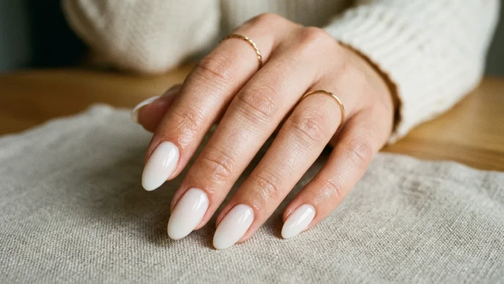 trendy milky white nails with glossy finish