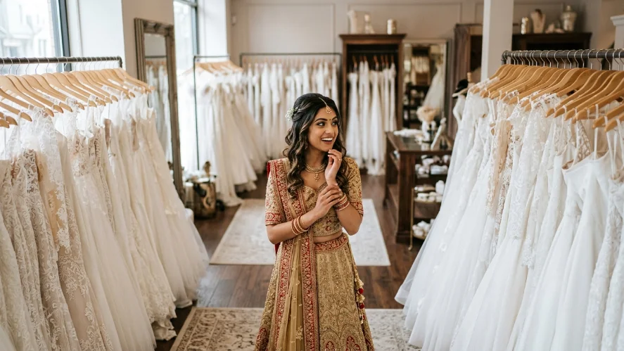 A South Asian bride browsing wedding dresses in a boutique, looking for the perfect elegant bridal gown