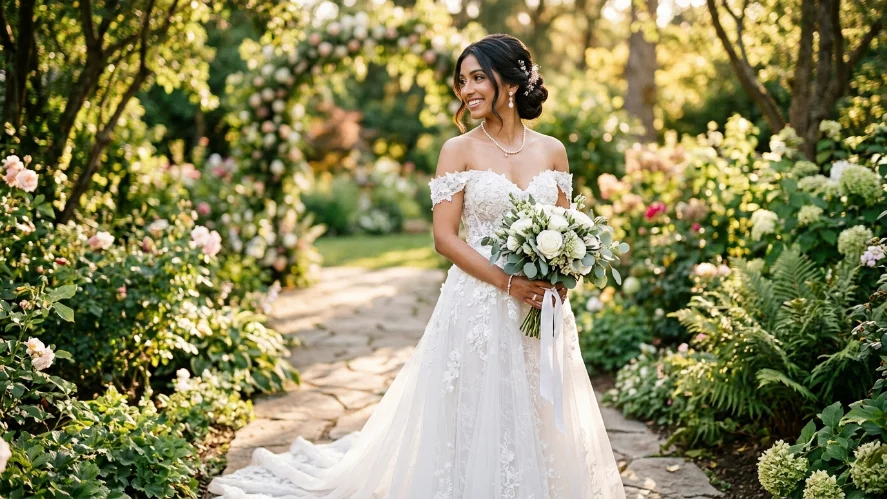 South Asian bride wearing an elegant off-shoulder bardot neckline wedding dress with pearl earrings and an updo hairstyle