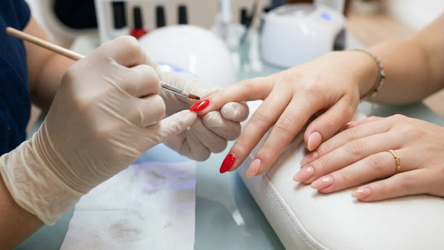 Nail technician applying gel polish for a wedding manicure in a salon