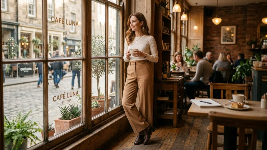 Woman styled in camel wide-leg trousers with ribbed top and ankle boots in smart casual western outfit
