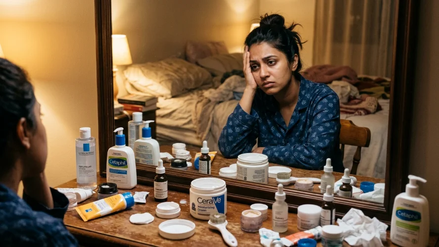 South Asian woman looking stressed at her skincare products before a wedding