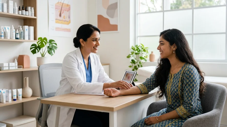 Female dermatologist consulting a young South Asian woman about acne treatment