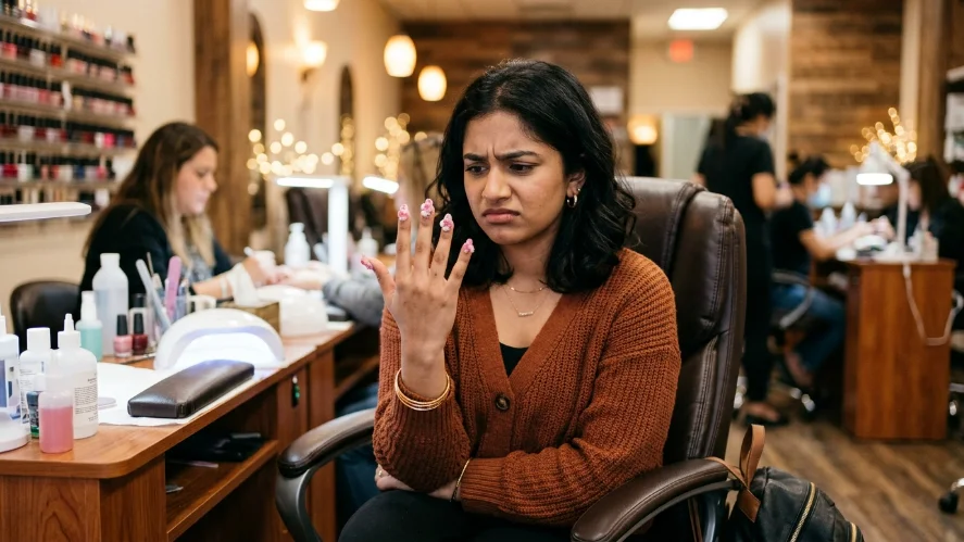 A woman examining a failed wedding nail design at a nail salon before her big day