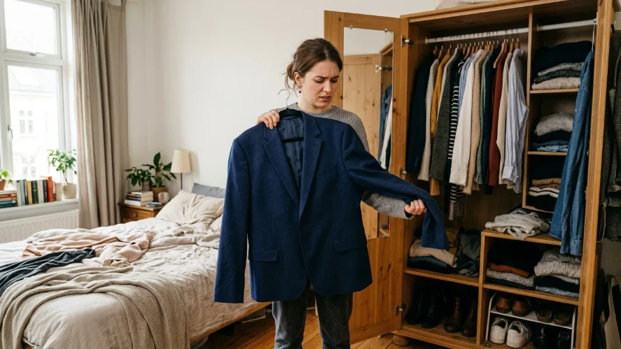 Woman looking frustrated while holding an ill-fitting blazer in front of her wardrobe