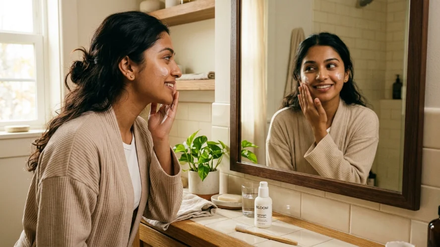 
South Asian woman applying moisturizer as part of her morning acne skincare routine