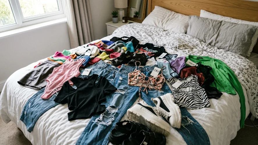 Pile of trendy fast fashion clothes on bed representing common western fashion shopping mistakes