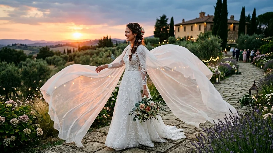 Bride in a white wedding gown with a flowing organza cape, creating a dramatic and elegant bridal look at an outdoor evening wedding