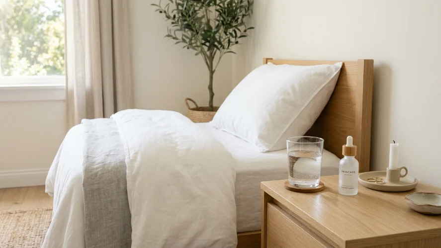 Clean white pillowcase and glass of water on nightstand representing lifestyle changes for clear skin