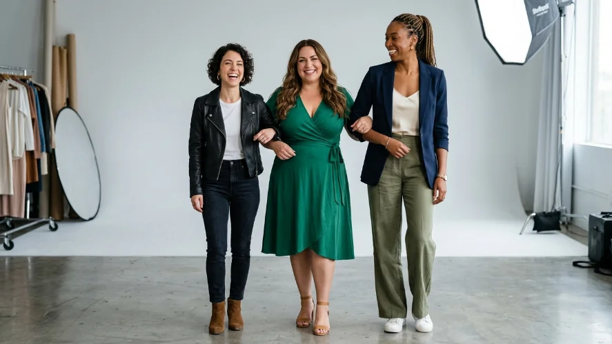Three women of different body types wearing flattering western outfits showing inclusive fashion styling