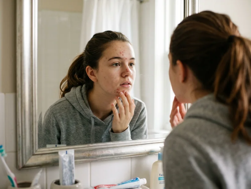 young woman struggling with acne-prone skin