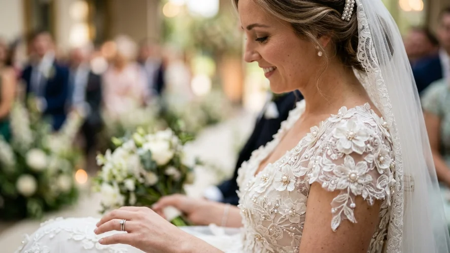 Close-up of a bridal gown with stunning 3D floral embroidery and pearl details on the bodice, showcasing luxury wedding dress craftsmanship