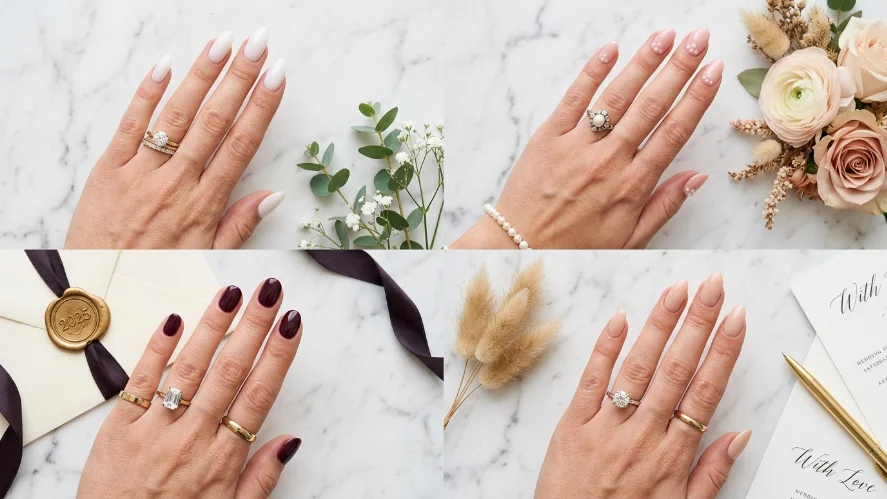 Four trending wedding nail looks for 2025 including milky white blush pink and deep plum