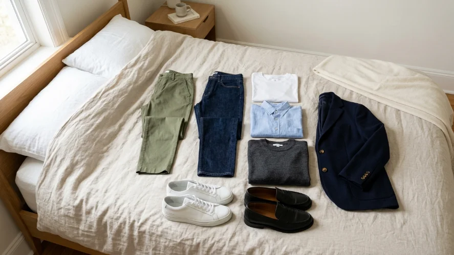 Minimalist western capsule wardrobe flat lay with essential clothing pieces including tops, trousers, blazer, and shoes