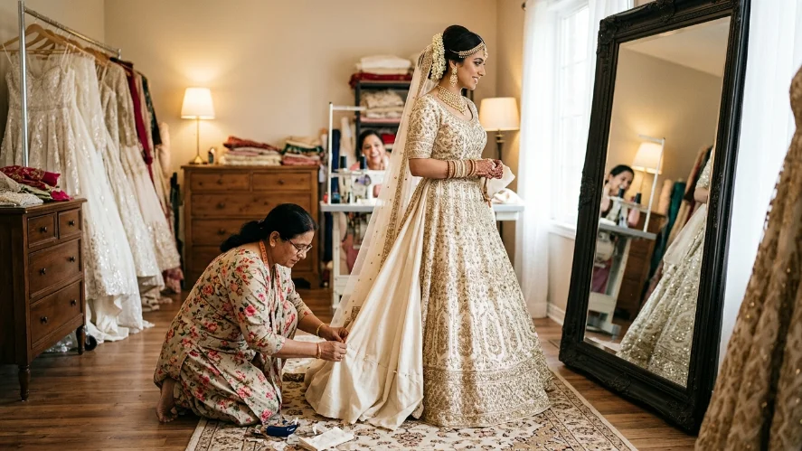 
South Asian bride during a wedding dress fitting session, tailor adjusting the hem in a bridal boutique
