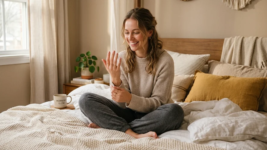Woman admiring her wedding nail prep at home after reading nail care tips