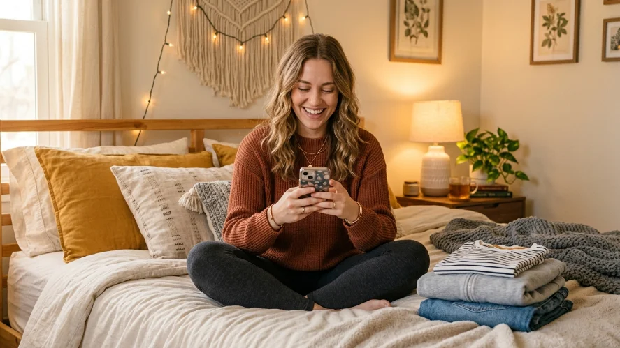Woman sitting on bed surrounded by clothes browsing western outfit ideas on her phone