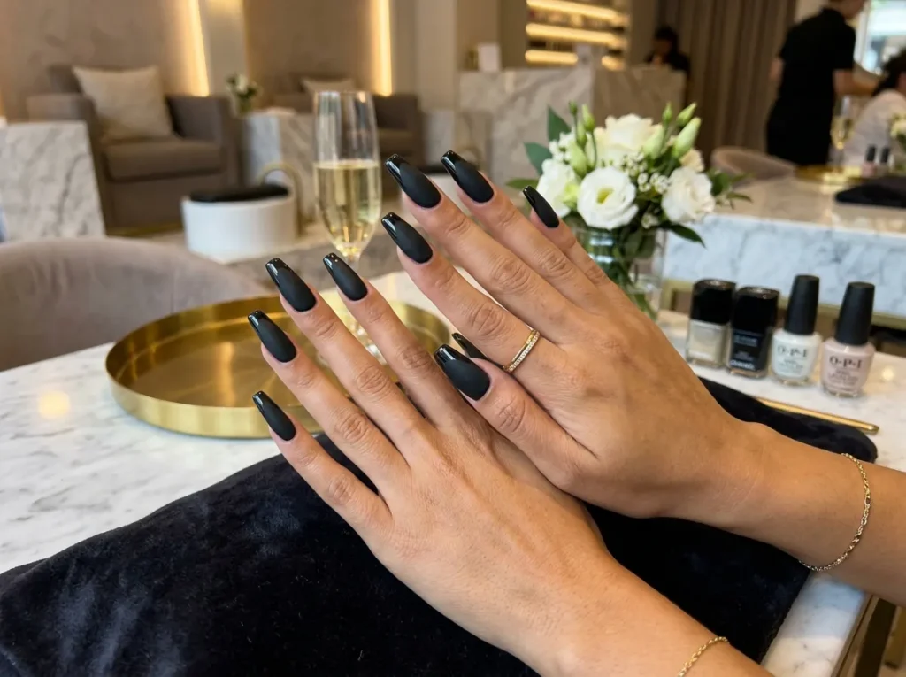 Matte black coffin nails ideas with a sleek modern finish.