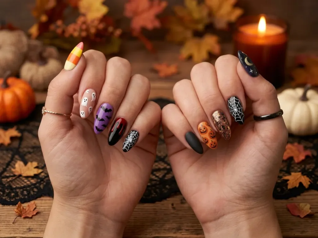 Woman showing stylish Halloween nail ideas with spooky bat-inspired nail art in a matte finish
