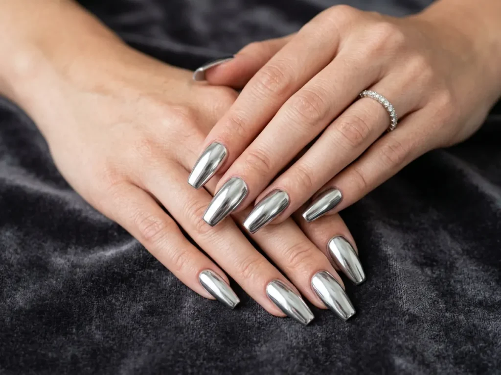 Chrome coffin nails ideas with a reflective metallic finish.