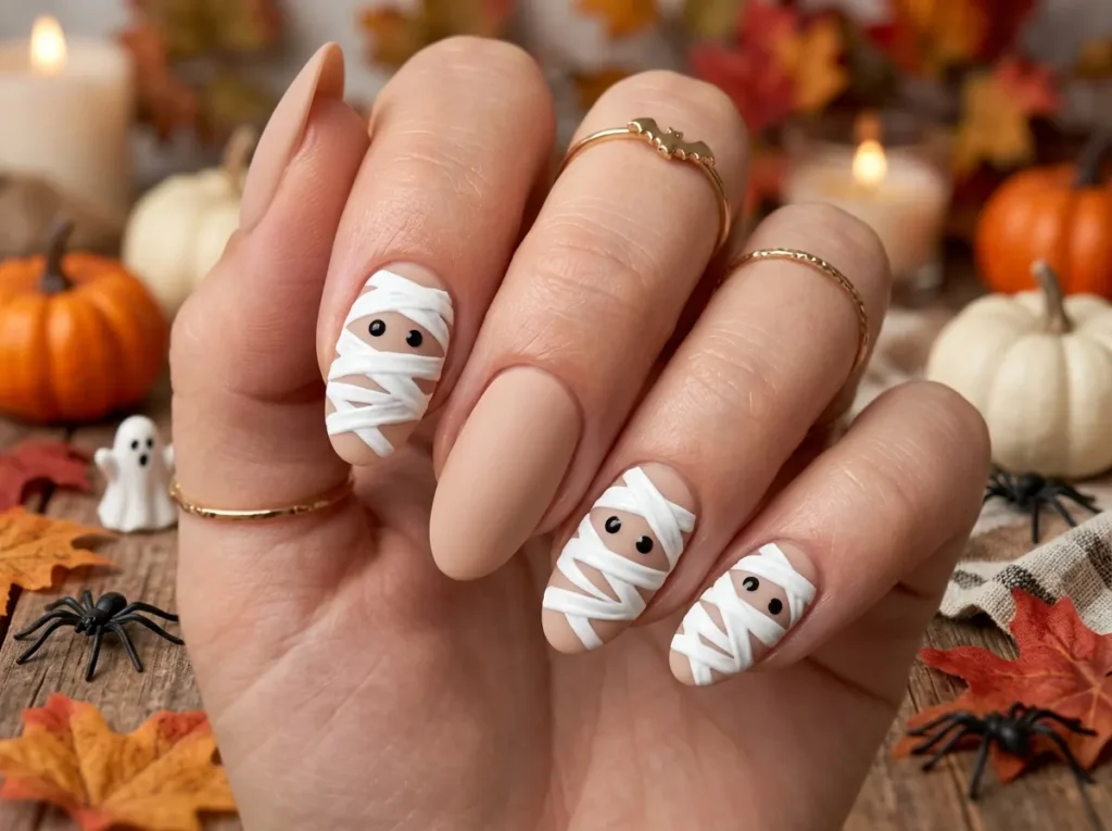 White mummy nail design for Halloween