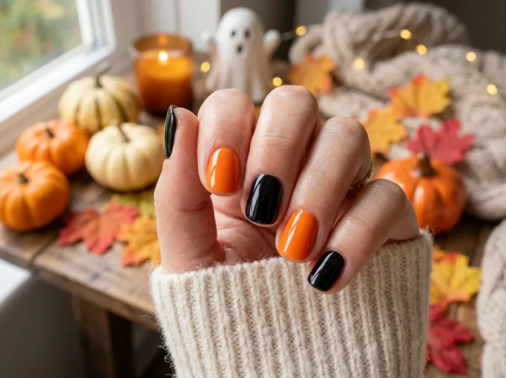 Black and orange Halloween manicure on short nails