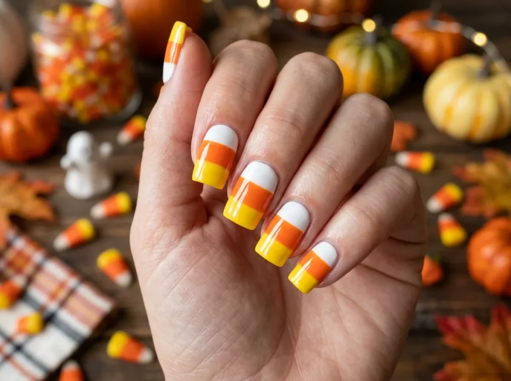 Candy corn inspired Halloween nail design