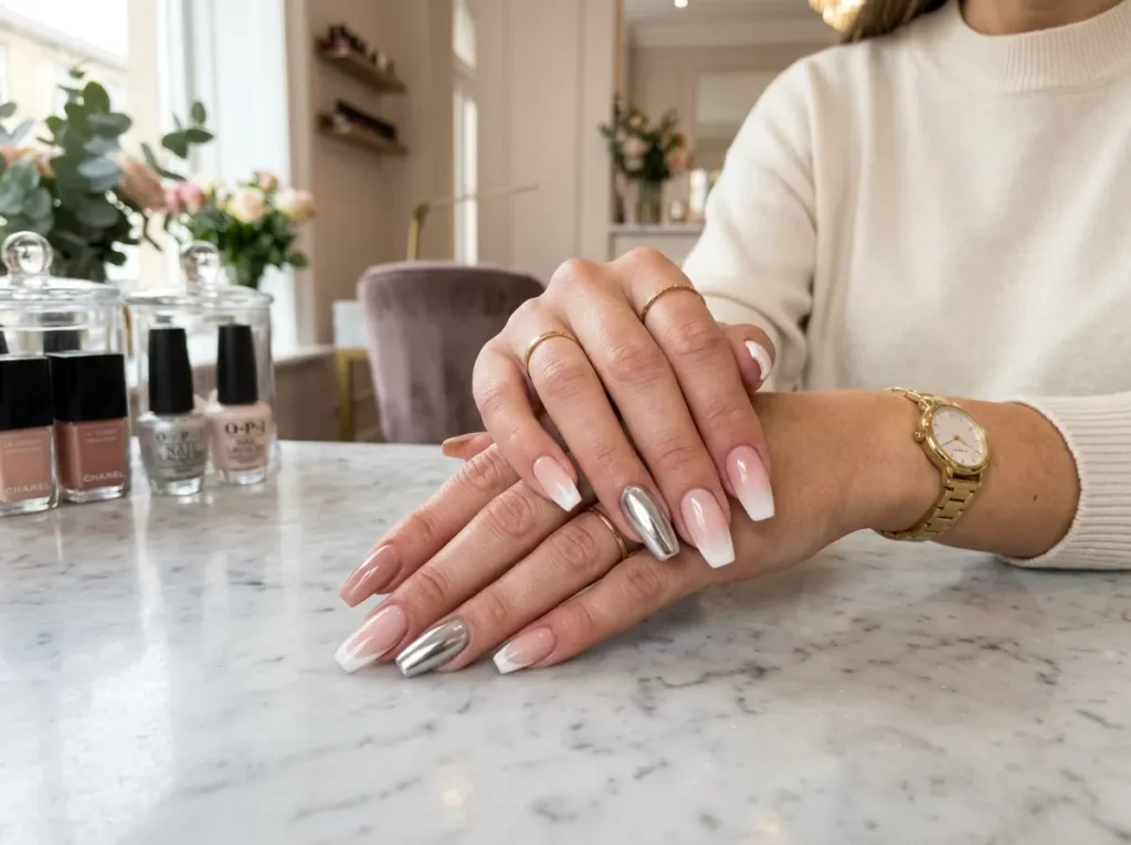 Coffin nails ideas featuring trendy nude, French tip, chrome, and ombre nail designs.