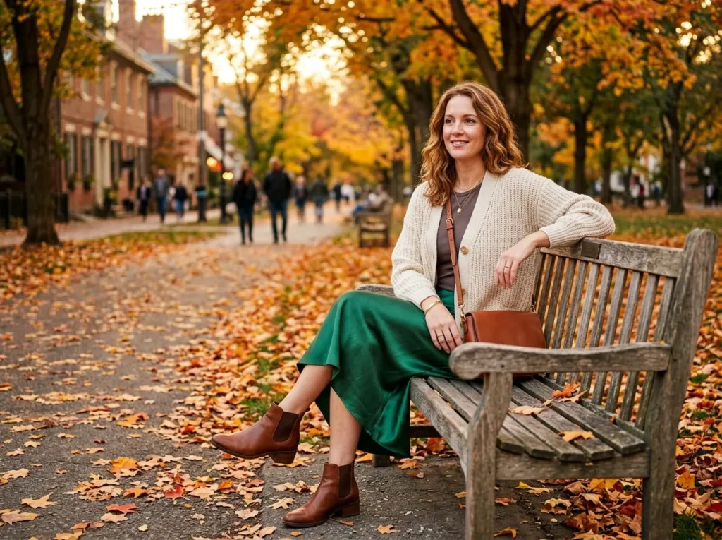 Satin midi skirt paired with a chunky knit cardigan, ankle boots, and a crossbody bag for a chic fall outfit.