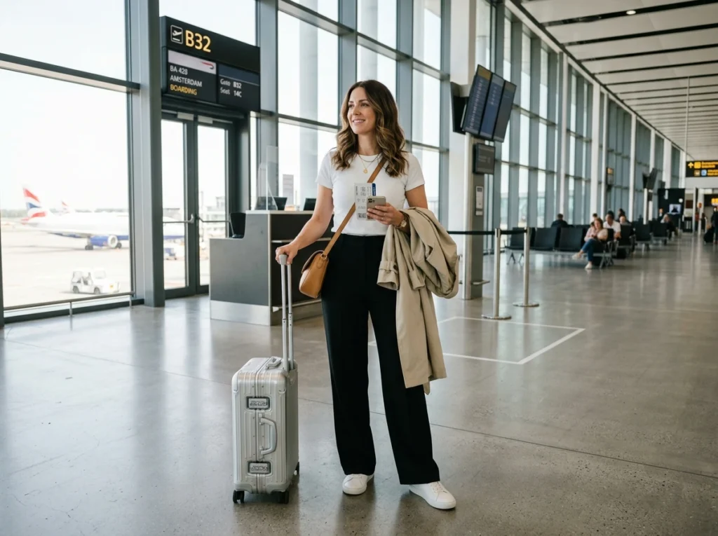 Best European airport outfit ideas with a white T-shirt and black wide-leg trousers.