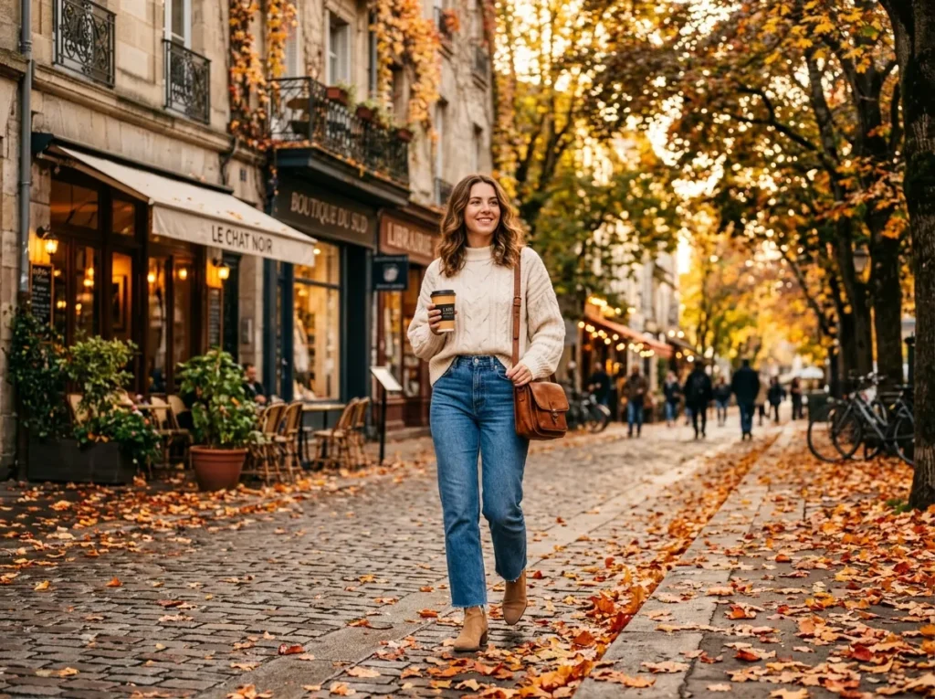 Fall outfits for women 2026 showcasing a chunky knit sweater and straight-leg jeans