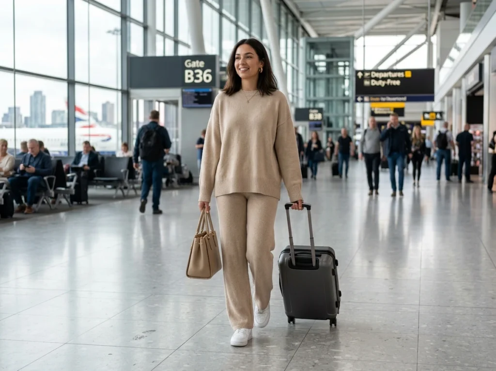 Woman wearing a matching knit co-ord set for airport travel.