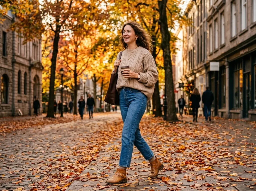 Fall Outfit Ideas featuring an oversized knit sweater with straight-leg jeans and ankle boots.