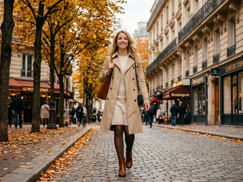 Beige trench coat layered over a simple dress for an elegant autumn outfit.
